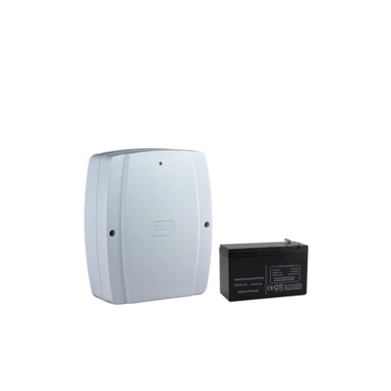 Sherlo 12V lockable battery backup power supply charger with LED indicator lights for security systems.