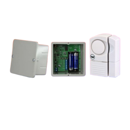 Perimeter Defense Combo kit featuring the heavy-duty Sherlo outdoor gate alarm unit alongside a pair of sleek white Yale wireless door and window magnetic contact siren alarms